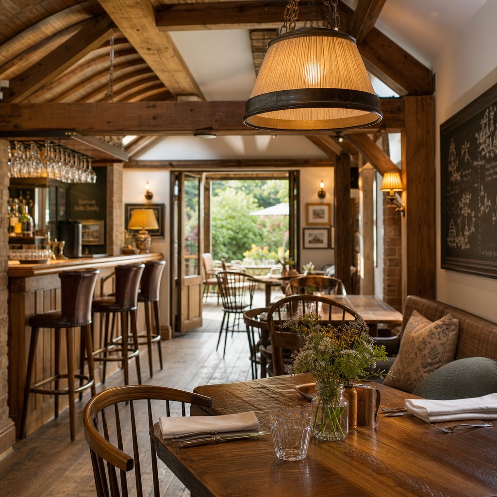 Warm vaulted pub restaurant interior concept